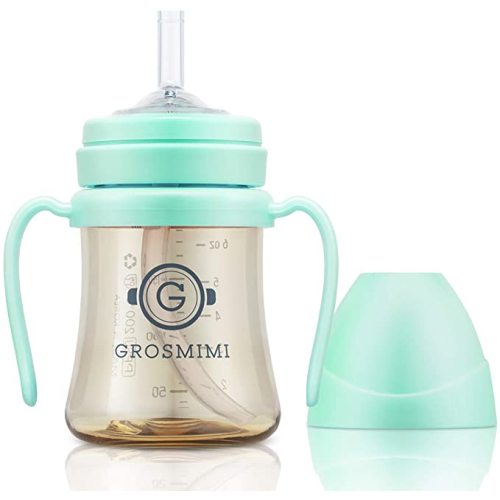 GROSMIMI Spill Proof no Spill Magic Sippy Cup with Straw with Handle for Baby and Toddlers, Customizable, PPSU, BPA Free 6 oz (Aqua Green)