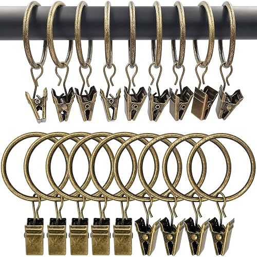 AMZSEVEN 90 Pack Curtain Rings with Clips, Drapery Clips with Rings, Drapes Rings 1.26 in Interior Diameter, Fits up to 1 in Curtain Rod, Bronze