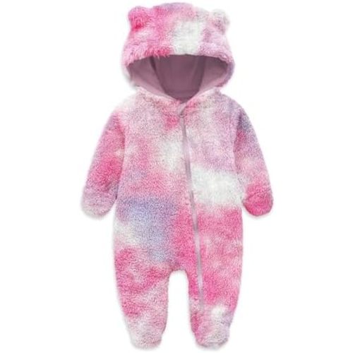 Jimonda Baby Tie Dye Snowsuit Winter Fleece Jumpsuit 0-18 Months, 100% Polyester Hooded Romper with Bear Ears for Infant