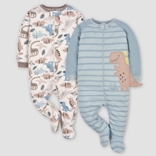 Gerber Baby Boys' 2pk Zip-Front Dino Sleep N' Play - White/Gray/Light Blue 3-6M
