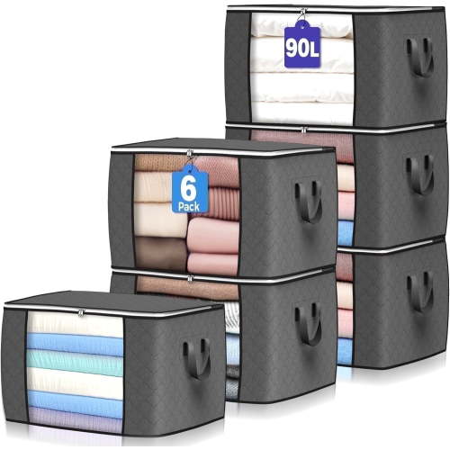 HEETLY 90L Large Storage Bags for Comforters & Clothes, 6-Pack Foldable Organizer with Reinforced Handle, Gray