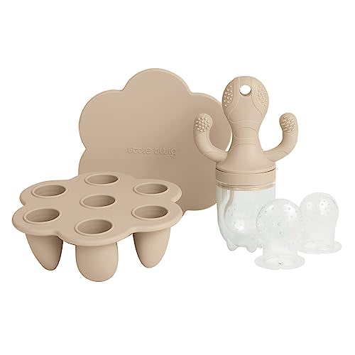 Little Twig Baby Fruit Feeder Pacifier Teether | Food Freezer Tray w/Lid | BPA Free Silicone Freezable Teether | Feeding Set for Breast Milk Ice Cubes, Food, Vegetable Fruit Purees (Ginger)