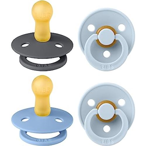 BIBS Pacifiers - Colour 4 Pack | Round Nipple Baby Pacifier | BPA Free Natural Rubber Latex Soother | Made in Denmark | Size 6-18 Months | Blue Colors