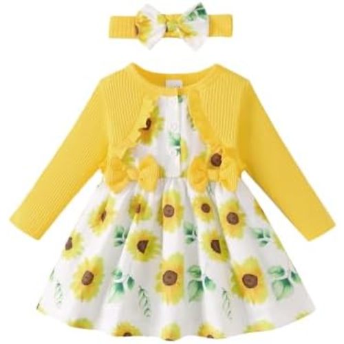 Renotemy Baby Girl Dress Fall Button Bow Outfits Toddler Clothes 3M-3T