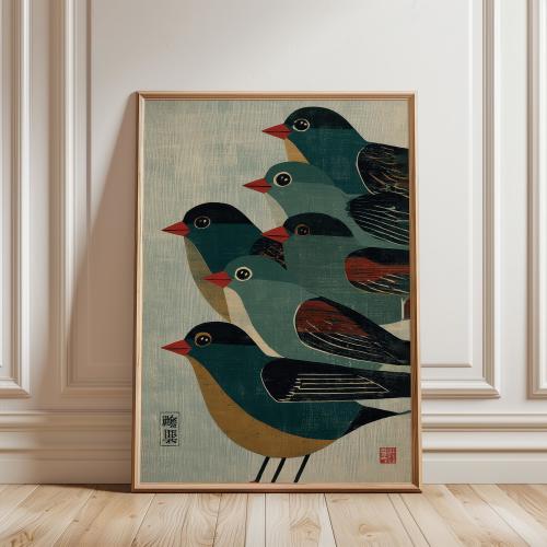 Japanese Woodblock Bird Print, Ukiyoe Sparrow Flock Illustration Poster, Nature Wall Art Decor