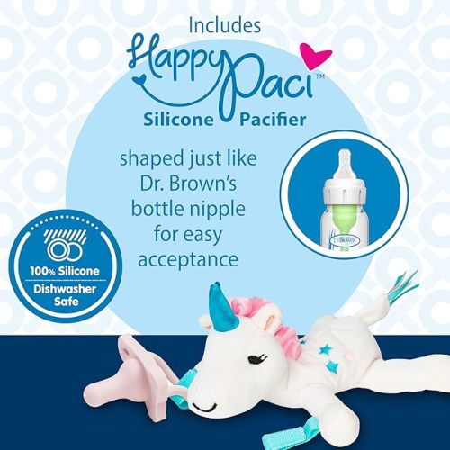 Dr. Brown's Baby Lovey Pacifier and Teether Holder, Unicorn with Pink HappyPaci, 100% Silicone, 0-6m (Packaging May Vary)