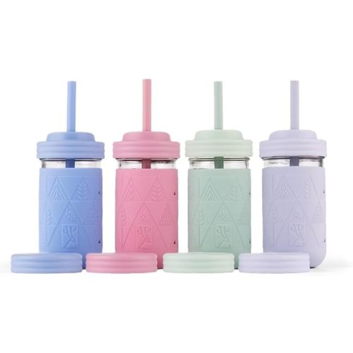 Elk and Friends Kids + Toddler Glass Cups | The Original 12oz Glass Mason Jar with Sleeves + Lids | Silicone Straws + Stopper | Smoothie Cup | Food Storage | Spill Resistant | Dishwasher Safe | 4 Pack