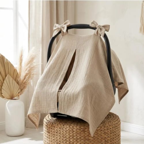 Baby car seat cover boy summer, Linen baby Stroller Cover, Baby Car Seat Cover with Bows,Natural car seat tent,Canopy cover,Baby Shower Gift