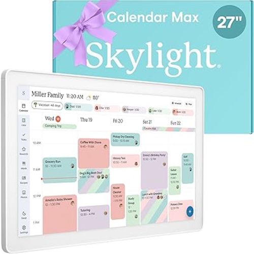 Calendar Max: 27-Inch Smart Digital Calendar & Chore Chart, Family Organizer with Interactive Touchscreen Display – Wall Mountable in Portrait or Landscape, Classic White Frame