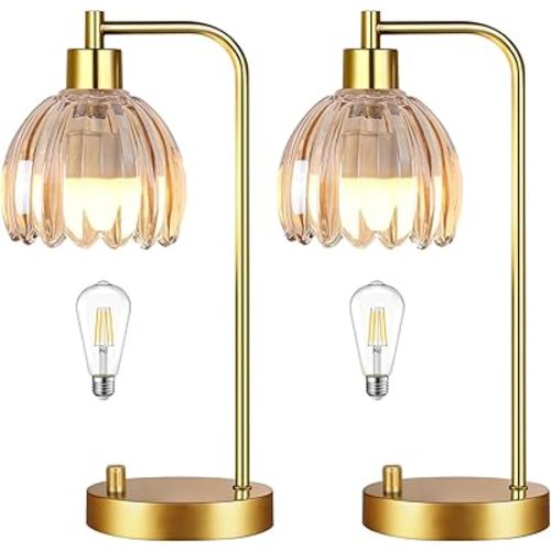 ILLMTW Glass Table Lamp Set of 2,Small Gold Bedside Lamps Dimmable Boho Bedroom Lamp with Tulip Flower Amber Lamp Shade,Vintage Mid Century Modern Mini Nightstand Lamp for Bedroom Living Room