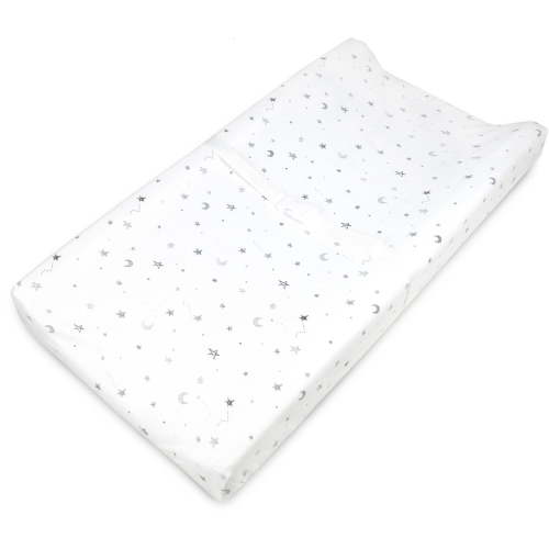 American Baby Company Printed 100% Cotton Knit Fitted Contoured Changing Table Pad Cover - Compatible with Mika Micky Bassinet, Gray Stars and Moons, for Boys and Girls