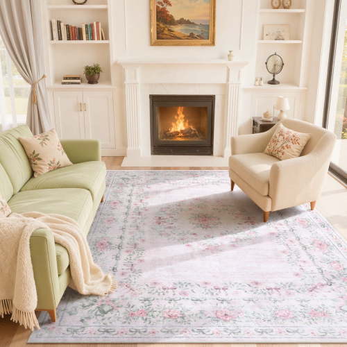 Lahome Washable 8'x10' Area Rug, Light Pink Floral Bow Print Rugs for Living Room, Ultra-Thin Non-Slip Soft Boho Carpet for Bedroom Girls Nursery Kids Room Classroom Decor, Large Mat, Light Pink