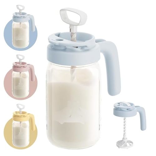 Papablic Breast Milk Pitcher, Glass Formula Mixer with Easy-Blend Handle Lid, Leakproof Breastmilk Fridge Storage Container, Wide Mouth, BPA-Free, Baby Feeding Pitcher, Blue