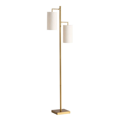 Brass and White Linen Textured 2 Light Floor Lamp
