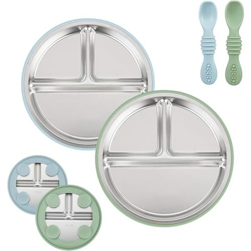 PandaEar 2 Pack Stainless Steel Baby Suction Plates & 2 Pack Spoons, Toddler Utensils Baby Feeding Set, Divided Plates for Baby Led Weaning Supplies, BPA-Free (Blue/Green)