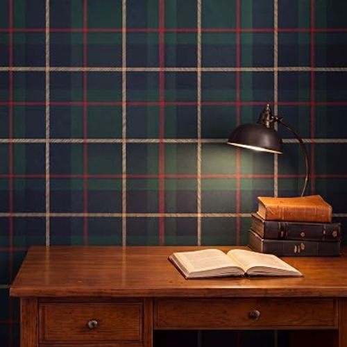 Lewtemi 6 Pcs Dark Blue and Antique Green Plaid Stick and Peel Wallpaper 20.86'' x 18 ft with 5 Smoothing Tool Vintage Fabric Self Adhesive Waterproof Removable Wallpaper for Bedroom Kitchen Bathroom