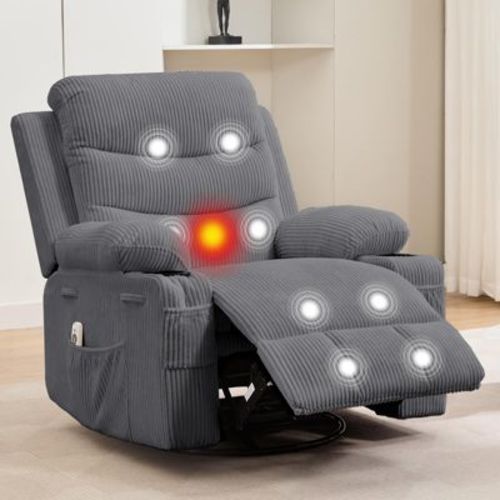 Recliner Chair Nursery, Oversized Manual Reclining Rocking Chair, Corduroy 360 Swivel Glider with Cup Holder