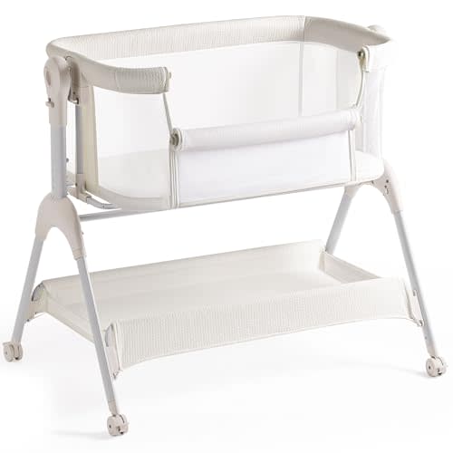 HARPPA Cuddly Baby Bassinet Bedside Sleeper, 3 in 1 Rocking Bassinet with Mattress and Soft Cover, Full Mesh Sides, 5 Height Adjustable with Wheels for Newborns, White