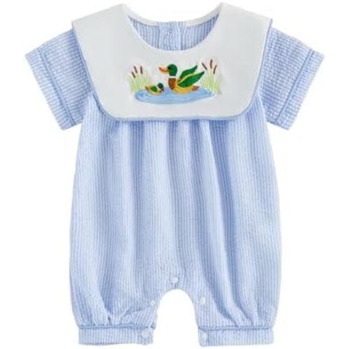 Baby Boy Girl Summer Clothes Short Sleeve Sailor Collar Jumpsuit Duck Embroidery Stripe Romper Infant One Piece Outfit