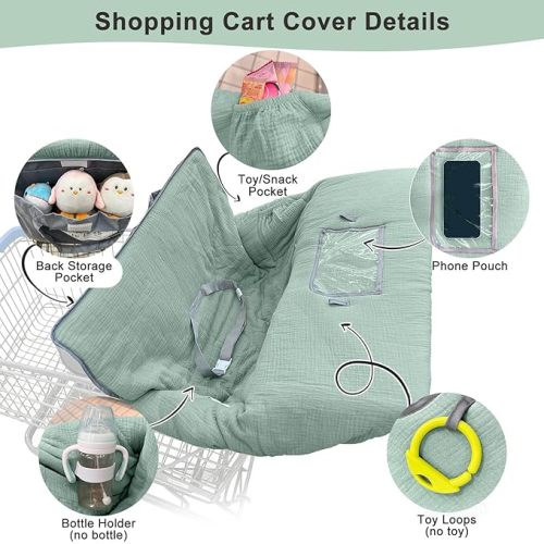 Muslin Shopping Cart Cover for Baby Soft & Breathable High Chair Covers for Restaurant Seat Grocery Cart Cover with Storage Pocket Machine Washable for Infant Toddler Boy Girl, Sage Green