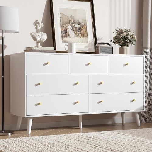 SINROM® 55" White Dresser for Bedroom, 7 Drawer Dressers with Drawers and Gold Knobs, Dresser White and Gold Chests of Drawers