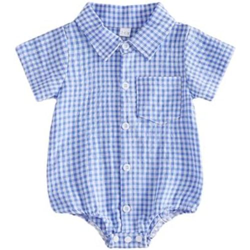 Karuedoo Newborn Infant Baby Boy Summer Clothes Gingham Button Down Shirt Bubble Romper Short Sleeve Plaid Collared Bodysuit