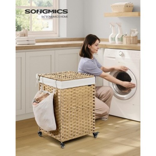 31.7 Gallon Rolling Laundry Hamper with Wheels & Removable Liner, Synthetic Rattan Storage Basket, 18.1x15.7x26 Inches, Natural