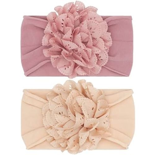 Baby Bling Bows Newborn to Little Girls Hair Bow - EYELET FLOWER HEADBANDS Toddlers Hair Accessories, Made in the USA, One Size (2 Pack Mauve & Petal)