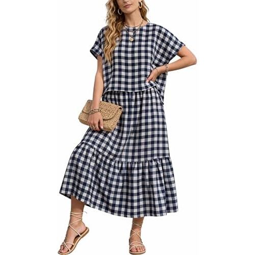 Womens Gingham Two Piece Skirt Set Short Sleeve Tiered Midi Skirt