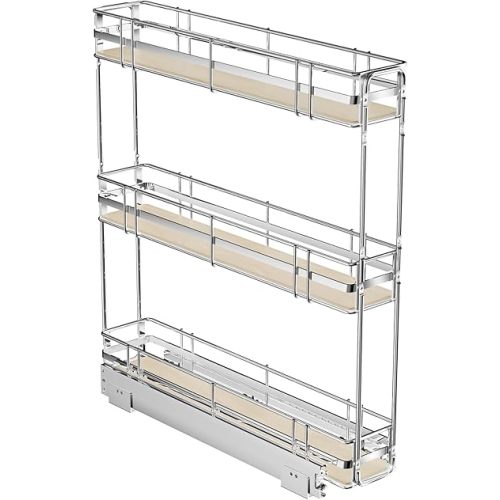 ROOMTEC 3-Tier Pull Out Cabinet Organizer Spice Rack for Narrow Cabinet 5" W x 20½" D, Slide Out Wood Shelves Storage for Kitchen