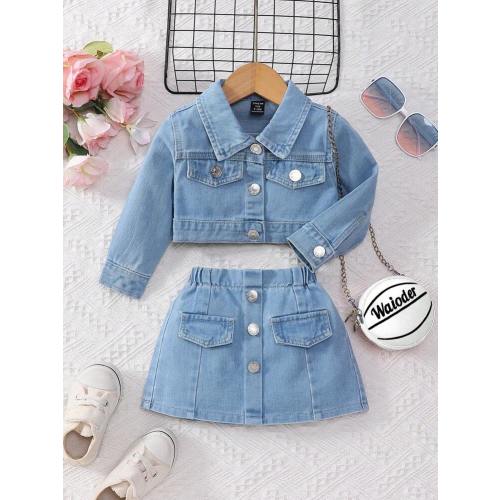 2pcs/Set Baby Girl Sweet & Cute Casual Denim Jacket And Mini Skirt | SHEIN USA