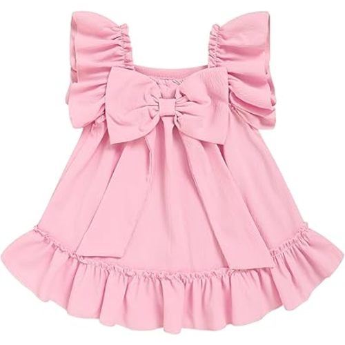 Sinhoon Toddler Girl Dress Flutter Sleeve Kids Hem Wrinkle-Resistant Back Bow Dress | Summer Fashion Dresses