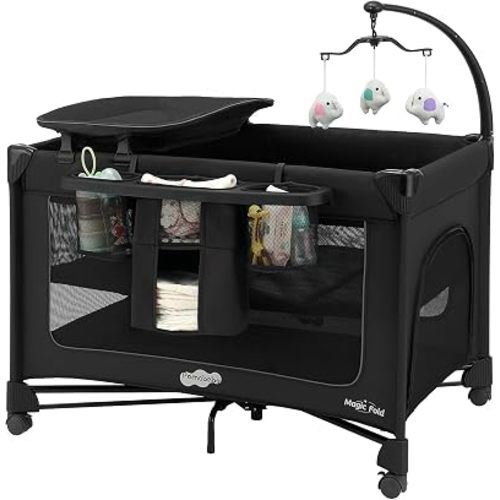 Pamo Babe 1 Step Set Pack and Play with Bassinet Foldable Playards Baby Playard with Changing Table Portable Playpen with Zip Door (Black)