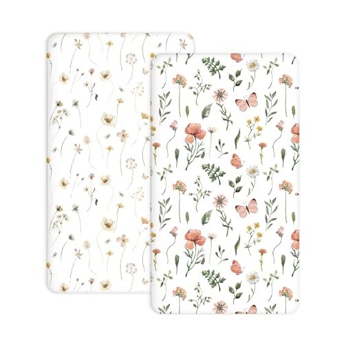Pack and Play Sheets 2 Pack, Fitted Jersey Knit Mini Crib Sheets for Baby Boys and Girls, Compatible with Graco Pack N Play and Mini Crib Mattress (Butterfly Garden, Pack N Play/Mini Crib Sheets)