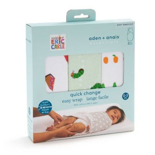 aden + anais essentials 100% Cotton Quick Change Easy Swaddle Wraps - Eric Carle - 0-3m - 3pk