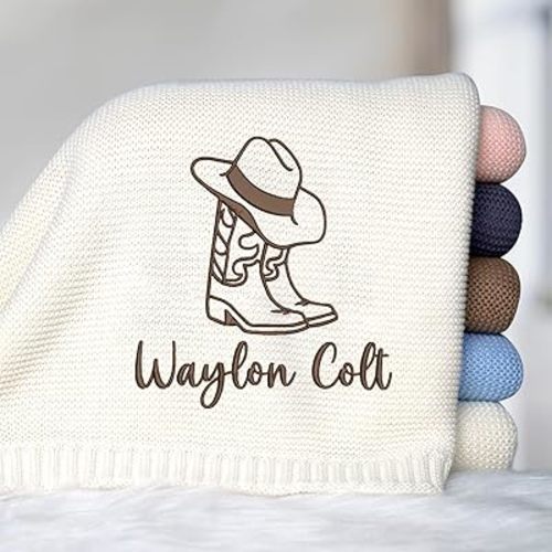 Embroidered Baby Blanket Name, Western Baby Blankets, Personalized Baby Blanket with Name for Boy Girl, Custom Knit Baby Blankets with Embroidery, Strollers Blanket, Car Seat Blanket Cowboy