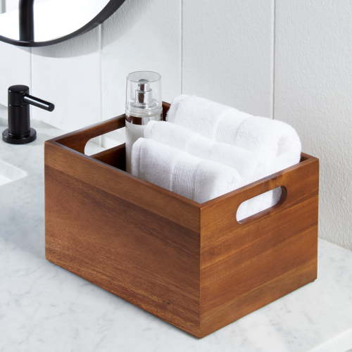 Better Homes & Gardens Acacia Wood Basket, Dark Finish, Bathroom Storage Organizer, Handles
