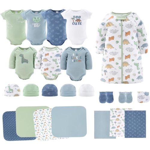 The Peanutshell Newborn Clothes & Accessories Set for Baby Boys | 23 Piece Layette Gift Set | Fits Newborn to 3 Months | Dinosaur, Blue, Green