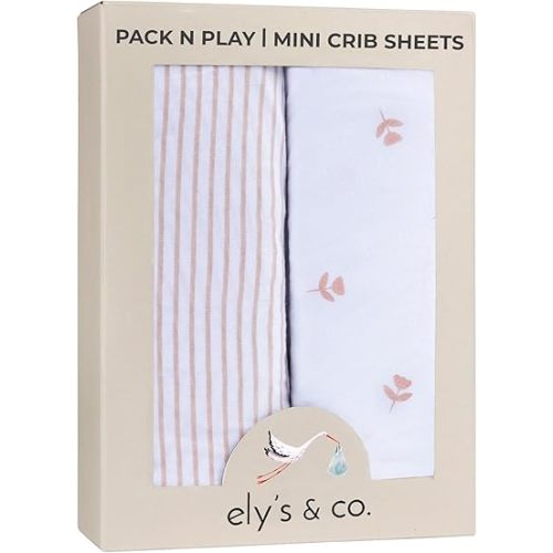 Ely’s & Co. Pack and Play Sheets, for Mini/Portable Crib, 2 Pack Fitted Playpen Play Yard Sheet Set Compatible with Graco Pack n Play, for Baby Girls, 100% Cotton, Pink Tulips and Stripes, 38”x24”x5”