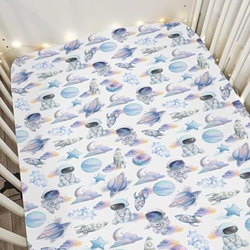 Watercolor Outer Space Baby Crib Sheets for Boy Girl 52x28Inch Cute Astronaut Rocket Planet Moon Soft Snug Fitted Crib Mattress Cover Pastel Cosmos Baby Sheet for Standard Crib & Toddler Mattress Blue