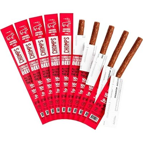Chomps Grass-Fed and Finished Original Beef Jerky Snack Sticks 10-Pack - Keto, Paleo, Whole30, 10g Lean Meat Protein, Gluten-Free, Zero Sugar Food, Non-GMO