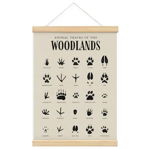 MOFUYU Woodland Tracks Wall Decor Canvas Hanging Banner, Nursery Decor Mountains, Woodland Nursery Poster Hanger Frame for Kids Room,Classroom,Playroom Cabin 12x16 Inch