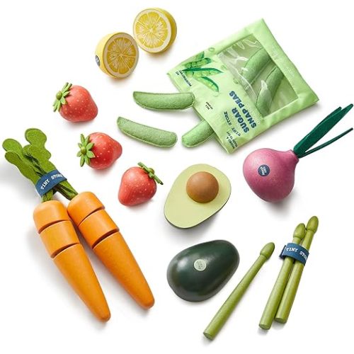 Tiny Land Wooden Play Food for Kids Kitchen, Pretend Food Fruit Set Toy | 7PCS Organic Fruit and Vegetable Cutting Set for Kid, Play Kitchen Accessories, Montessori Toy for Boy and Girl