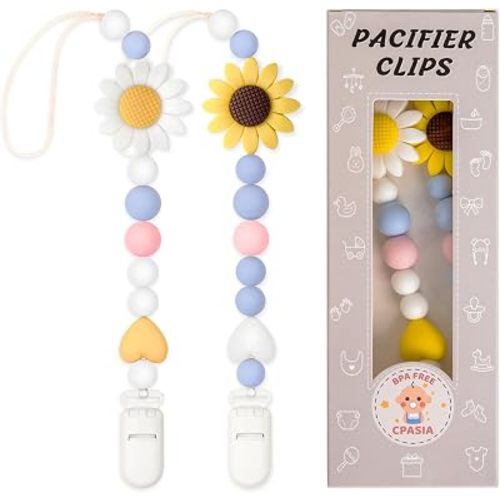 Pacifier Clip, 2 Pack Silicone Pacifier Clips for Newborn Boys and Girls, Adorable Sunflower Pacifier Holder Fits for Most Pacifier, Baby Shower and Baby Gift
