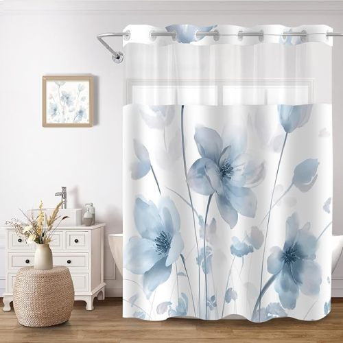 No Hook Shower Curtain and Liner Set, Blue and Grey Boho Floral Shower Curtains for Bathroom, Watercolor Flower Waterproof Bathroom Curtain Sets with Snap in Liner, 71x74 Inch