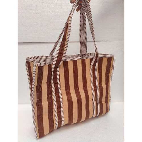 Striped Print Quilted Cotton Tote Bag: Travel Picnic Handbag