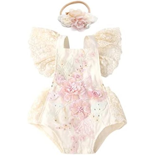 ODASDO Baby Girl Lace Romper Delicate Embroidery Backless Bodysuit with Flower Headband 2pcs Cake Smash Outfit…