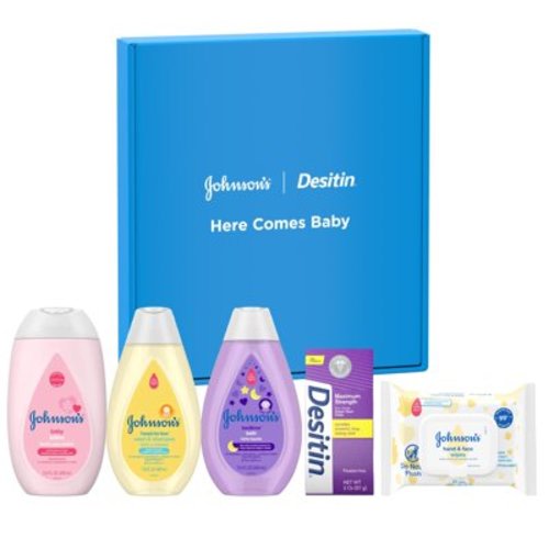 Johnson's Baby Here Comes OIF8 Baby Gift Set, Baby Essentials for New Parents with Moisturizing Lotion, Bedtime Bath, Body Wash & Shampoo, Hand & Face Wipes, & Diaper Rash Cream, 5 Items