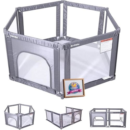 Babelio Wall Mountable Playard, Foldable Playpen for Babies and Toddlers- Adjustable Shape & Area, 62 * 31" Playpen with Zipper Gate, Portable Baby Fence for Indoor & Outdoor