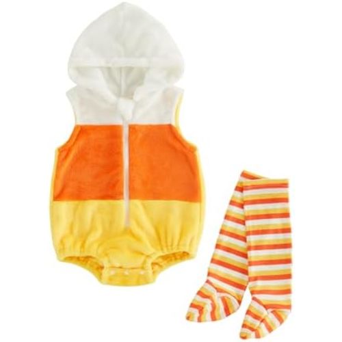 Newborn Baby Candy Corn Costume Hooded Romper Stockings Halloween Costumes